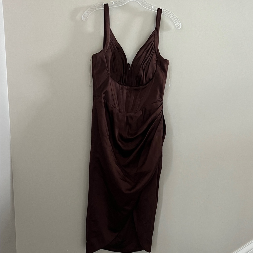 House of CB Faye Chocolate Satin Corset Midi Dress | M - Picture 4 of 14